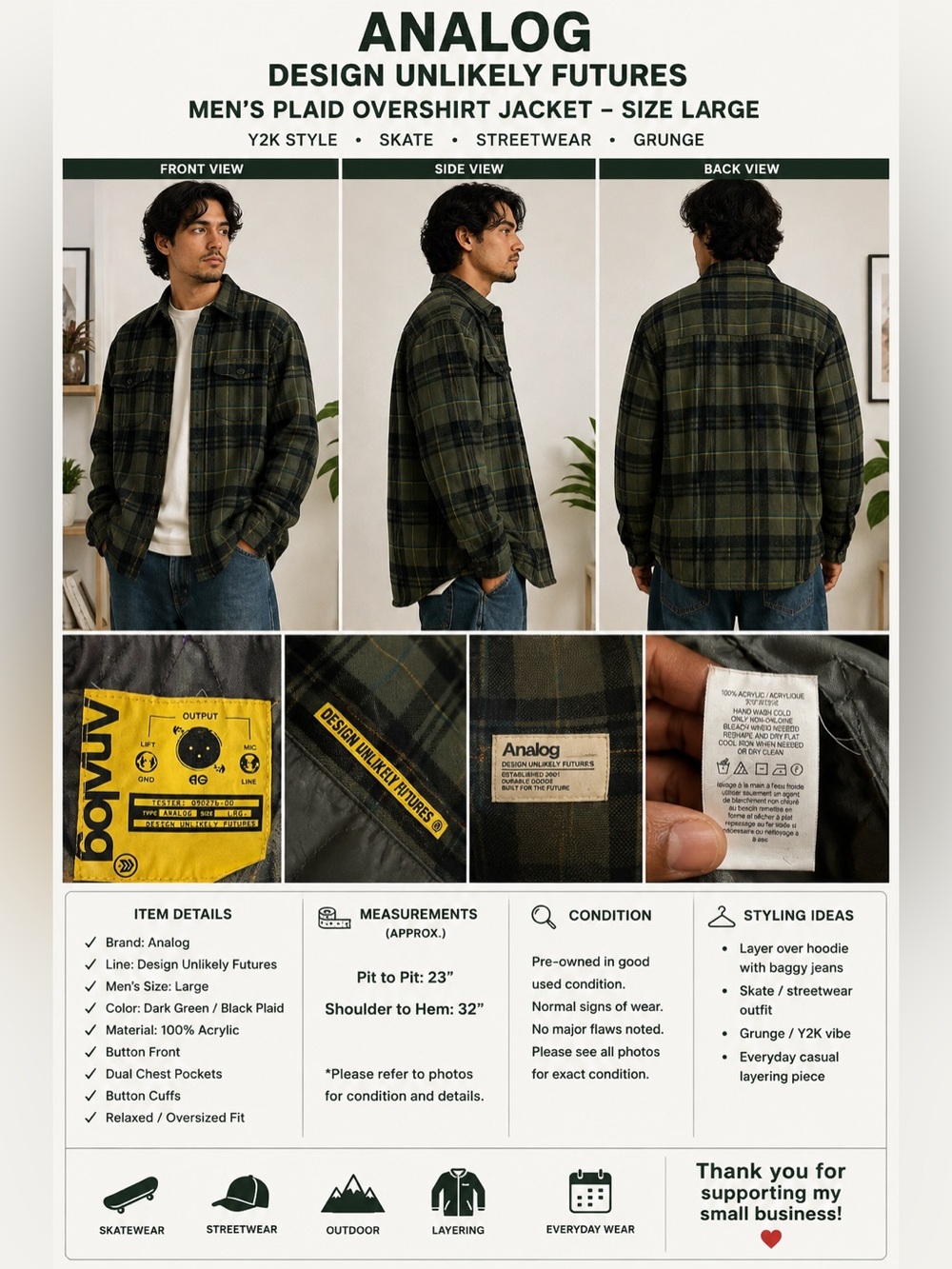 Analog Design Unlikely Futures Men’s L Plaid Overshirt Jacket Green Black Y2K